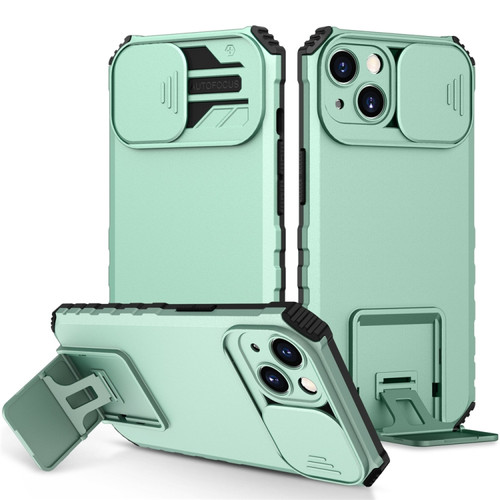 iPhone 15 Plus Stereoscopic Holder Sliding Camshield Phone Case - Light Blue