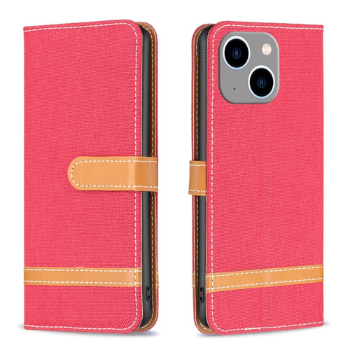 iPhone 15 Plus Color Block Denim Texture Leather Phone Case - Red