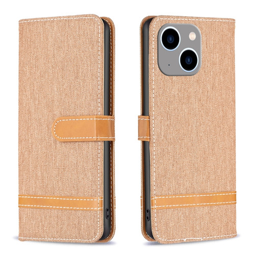 iPhone 15 Plus Color Block Denim Texture Leather Phone Case - Brown