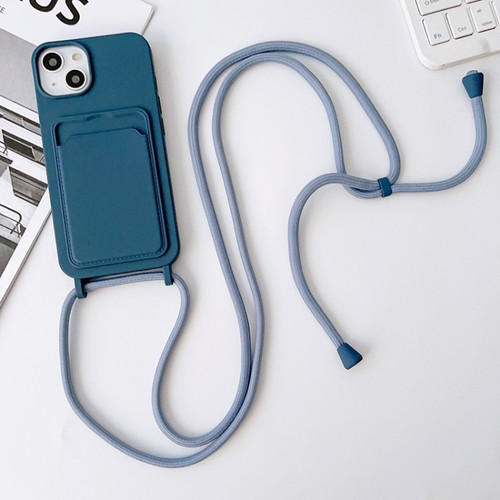iPhone 15 Plus Crossbody Lanyard Elastic Silicone Card Holder Phone Case - Blue