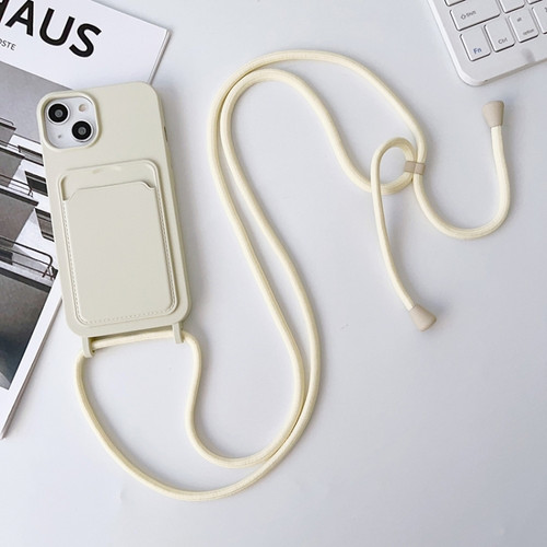iPhone 15 Plus Crossbody Lanyard Elastic Silicone Card Holder Phone Case - White