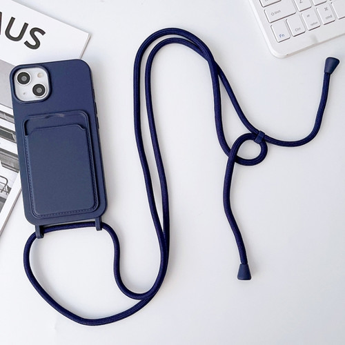 iPhone 15 Plus Crossbody Lanyard Elastic Silicone Card Holder Phone Case - Dark Blue