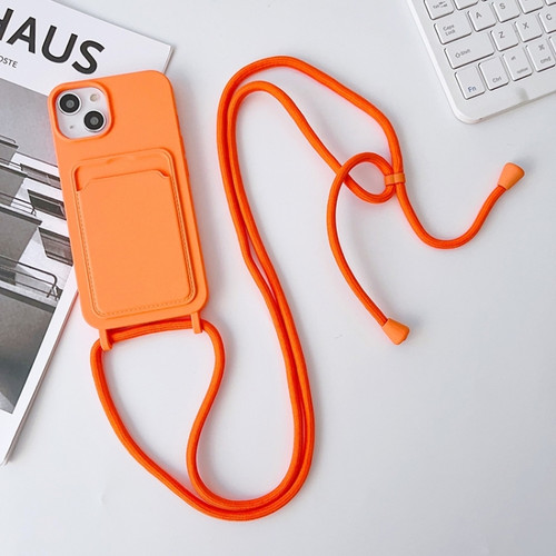 iPhone 15 Plus Crossbody Lanyard Elastic Silicone Card Holder Phone Case - Orange