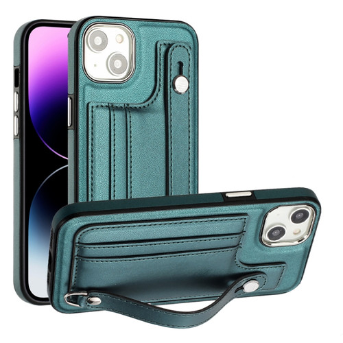 iPhone 15 Plus Shockproof Leather Phone Case with Wrist Strap - Green
