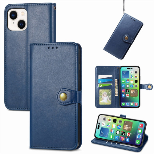 iPhone 15 Plus Retro Solid Color Buckle Leather Phone Case - Blue