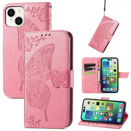 iPhone 15 Plus Butterfly Love Flower Embossed Leather Phone Case - Pink