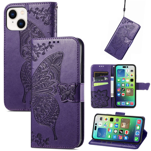 iPhone 15 Plus Butterfly Love Flower Embossed Leather Phone Case - Dark Purple