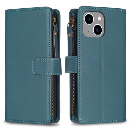 iPhone 15 Plus 9 Card Slots Zipper Wallet Leather Flip Phone Case - Green