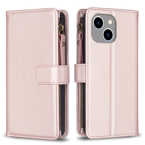 iPhone 15 Plus 9 Card Slots Zipper Wallet Leather Flip Phone Case - Rose Gold