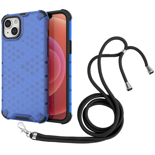 iPhone 15 Plus Lanyard Honeycomb Phone Case - Blue