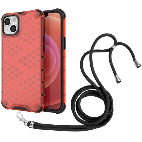 iPhone 15 Plus Lanyard Honeycomb Phone Case - Red