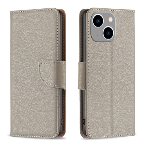 iPhone 15 Plus Litchi Texture Pure Color Flip Leather Phone Case - Grey