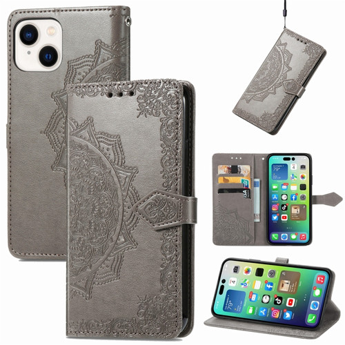 iPhone 15 Plus Mandala Flower Embossed Leather Phone Case - Gray