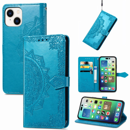 iPhone 15 Plus Mandala Flower Embossed Leather Phone Case - Blue