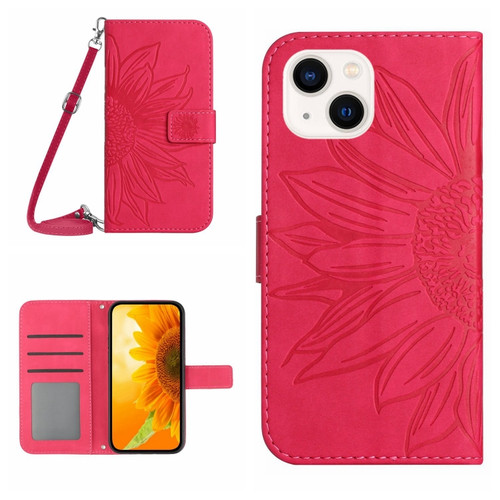 iPhone 15 Plus Skin Feel Sun Flower Embossed Flip Leather Phone Case with Lanyard - Rose Red