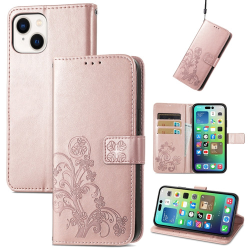 iPhone 15 Plus Four-leaf Clasp Embossed Buckle Leather Phone Case - Rose Gold