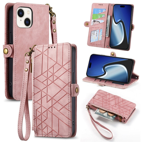 iPhone 15 Plus Geometric Zipper Wallet Side Buckle Leather Phone Case - Pink