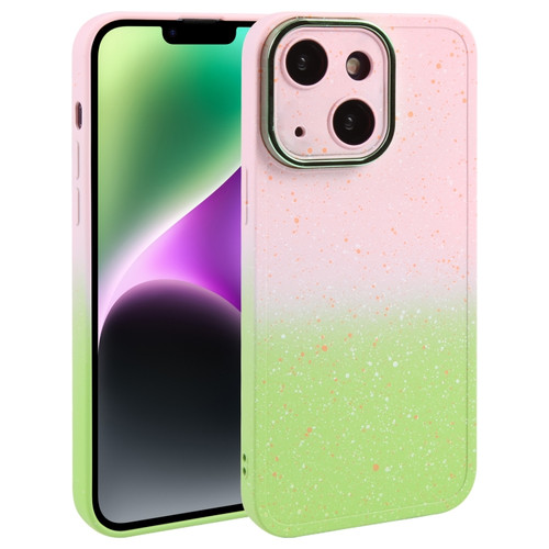 iPhone 15 Plus Gradient Starry Silicone Phone Case with Lens Film - Pink Green