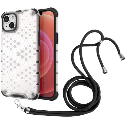 iPhone 15 Plus Lanyard Honeycomb Phone Case - White