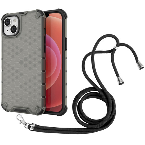 iPhone 15 Plus Lanyard Honeycomb Phone Case - Black