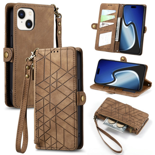 iPhone 15 Plus Geometric Zipper Wallet Side Buckle Leather Phone Case - Brown