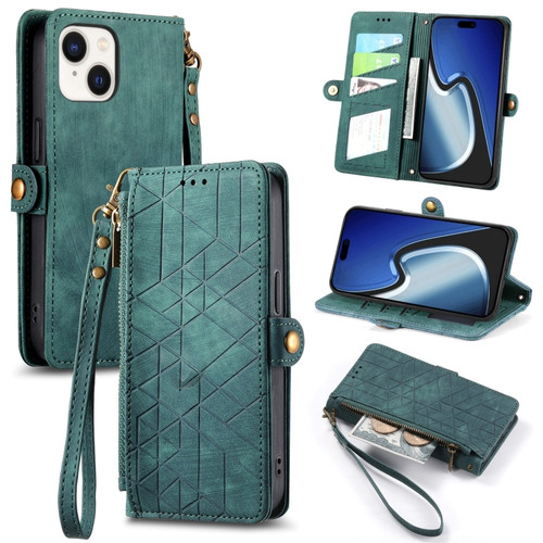 iPhone 15 Plus Geometric Zipper Wallet Side Buckle Leather Phone Case - Green