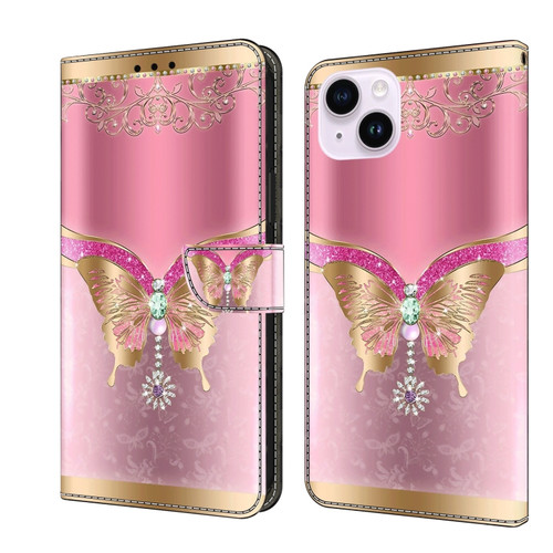 iPhone 15 Plus Crystal 3D Shockproof Protective Leather Phone Case - Pink Bottom Butterfly