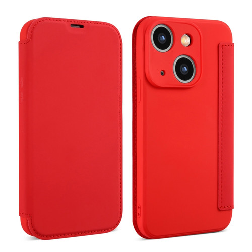 iPhone 15 Plus Imitate Liquid Skin Feel Leather Phone Case with Card Slots - Red