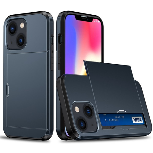 iPhone 15 Plus Shockproof Armor Phone Case with Slide Card Slot - Dark Blue