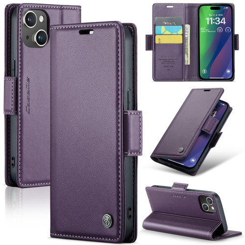 iPhone 15 Plus CaseMe 023 Butterfly Buckle Litchi Texture RFID Anti-theft Leather Phone Case - Pearly Purple