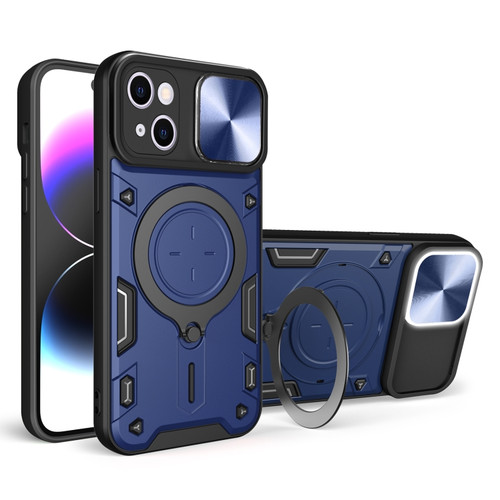 iPhone 15 Plus CD Texture Sliding Camshield Magnetic Holder Phone Case - Blue