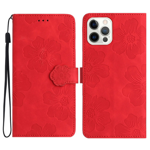 iPhone 14 Pro Max Flower Embossing Pattern Leather Phone Case - Red