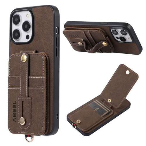 iPhone 14 Pro Max ABEEL Litchi Texture Card Bag PU Phone Case - Khaki
