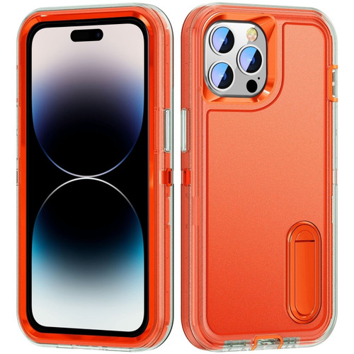 iPhone 14 Pro Max 3 in 1 Rugged Holder Phone Case  - Transparent + Orange