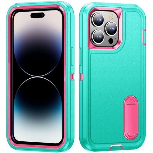 iPhone 14 Pro Max 3 in 1 Rugged Holder Phone Case  - Blue + Pink