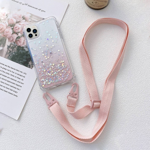 iPhone 14 Pro Max Lanyard Gradient Glitter Epoxy Case  - Pink