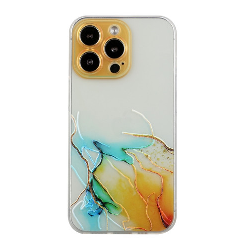 iPhone 14 Pro Max Hollow Marble Pattern TPU Straight Edge Fine Hole Protective Case Pro Max - Yellow Blue