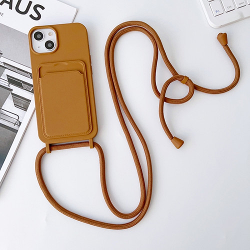 iPhone 14 Pro Max Crossbody Lanyard Elastic Silicone Card Holder Phone Case - Brown