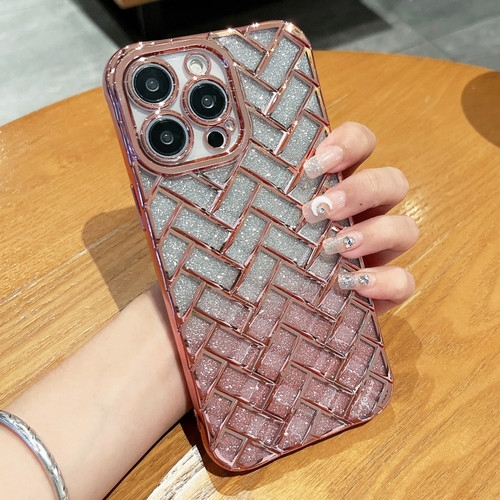 iPhone 14 Pro Max Woven Grid 3D Electroplating Laser Engraving Glitter Paper Phone Case - Rose Gold