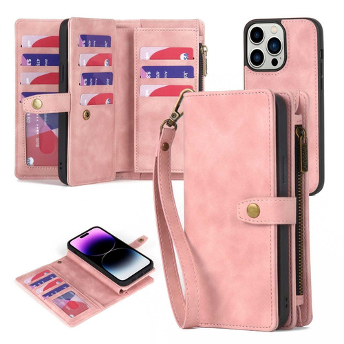iPhone 14 Pro Max Zipper Wallet Detachable MagSafe Leather Phone Case - Pink