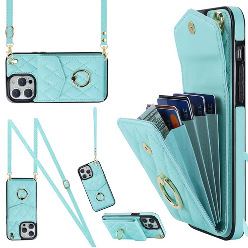 iPhone 14 Pro Max Rhombic Texture Card Bag Phone Case with Long Lanyard - Mint Green