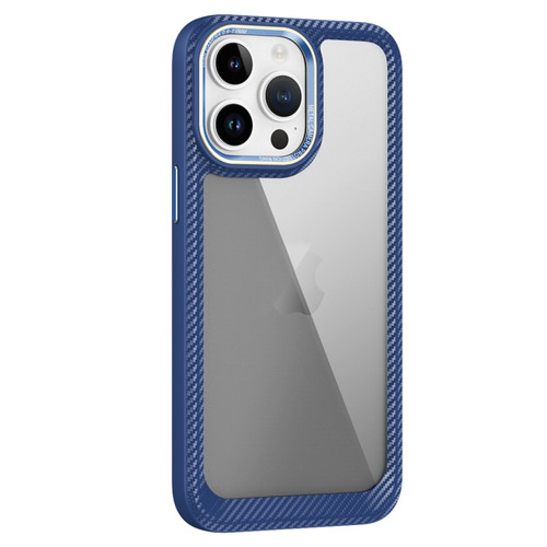 iPhone 14 Pro Max Carbon Fiber Transparent Back Panel Phone Case - Blue