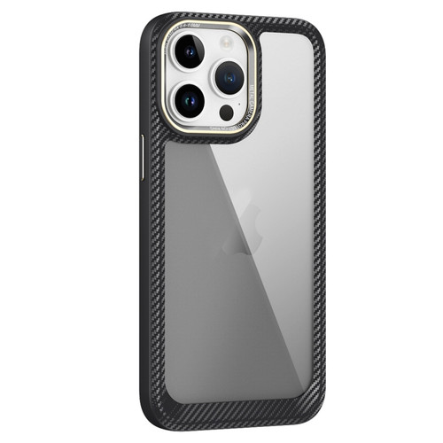 iPhone 14 Pro Max Carbon Fiber Transparent Back Panel Phone Case - Black + Transparent Black