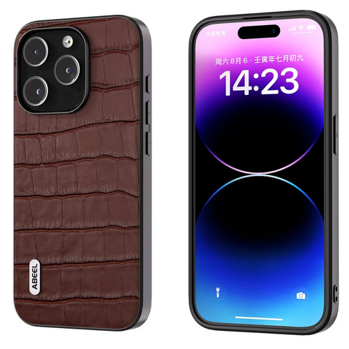 iPhone 14 Pro Max ABEEL Crocodile Texture Genuine Leather Phone Case - Brown