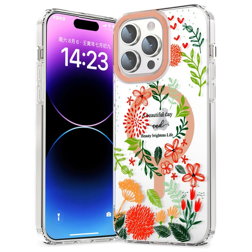 iPhone 14 Pro Max MagSafe Magnetic TPU Phone Case - Red Flowers and Green Leaves
