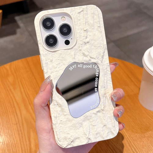 iPhone 14 Pro Max Embossed Rock Texture Mirror TPU Phone Case - Milk White