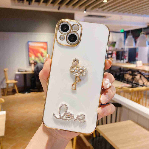 iPhone 14 Pro Max Electroplated Rhinestone Flamingo Phone Case - White