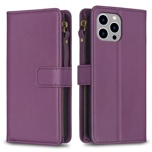 iPhone 14 Pro Max 9 Card Slots Zipper Wallet Leather Flip Phone Case - Dark Purple