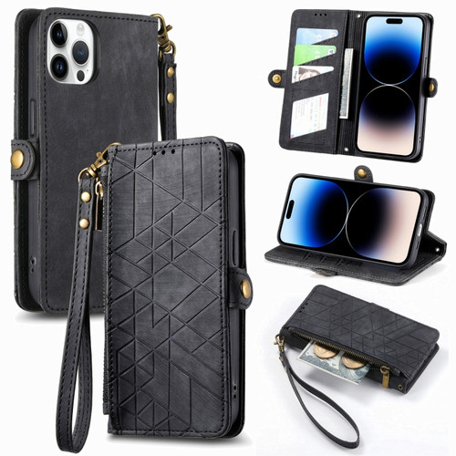 iPhone 14 Pro Max Geometric Zipper Wallet Side Buckle Leather Phone Case - Black