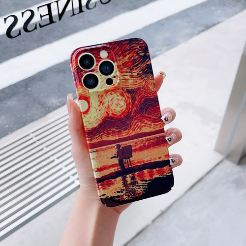 iPhone 14 Pro Max Precise Hole Oil Painting Pattern PC Phone Case - Sunset